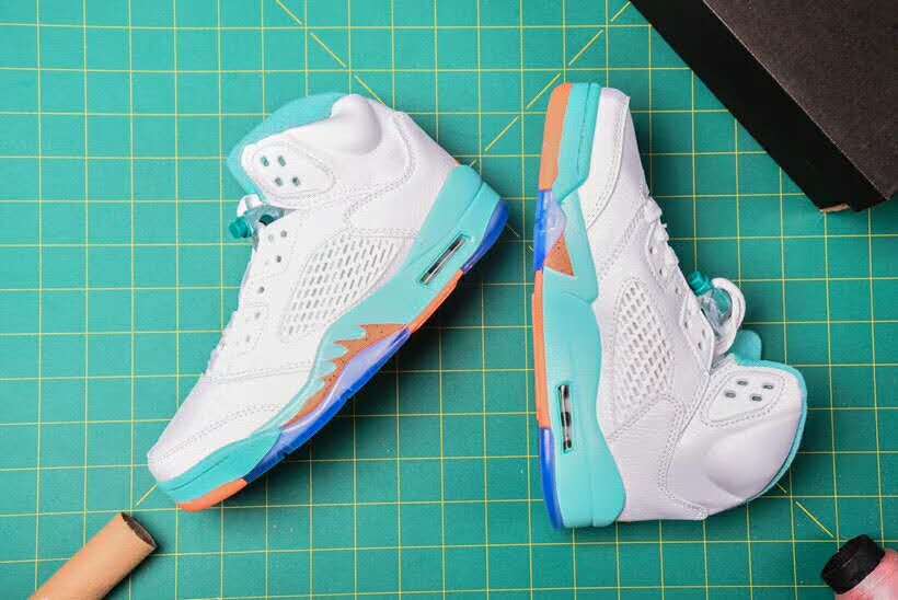 Women Air Jordan 5 Retro White Jade Orange Shoes - Click Image to Close